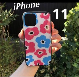 新品　iPhone11ケース 北欧花柄の大人可愛いオシャレデザイン　強化ガラスケース　iPhoneケース iPhone スマホケース　ピンク　水色