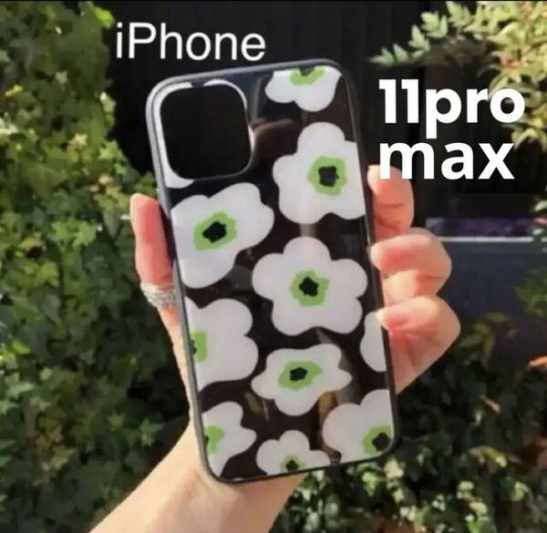 新品　iPhone11promaxケース 北欧花柄　大人可愛い　強化ガラスケース　iPhoneケース 保護カバー フラワー　ブラック　可愛い