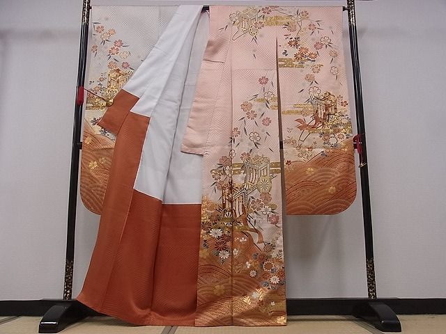 着物屋こころ 豪華振袖 駒刺繍 御所車花文 暈し染め 金彩 着丈163cm 裄