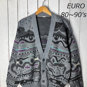 ヨーロッパ古着 80s~90s 総柄ジャガードニットカーディガン L~XL 3Dニット オールド ヴィンテージ ユーロ グレー ウール アクリル ●192