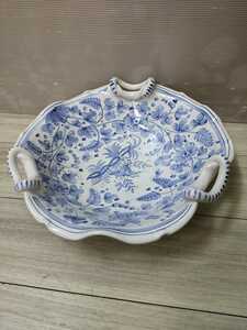  大皿　ボウル　bowl ヨーロッパ　ブルー　青　アンティーク　レトロ　イタリア　染付 大鉢 皿　陶器　イタリア製