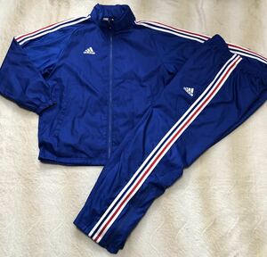 ☆adidas☆アディダス 裏起毛 メッシュ ウインド 上下 ジャケット パンツ L 青系 ウインドブレーカー シャドーストライプ 764589