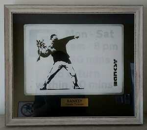 Banksy( Bank si-). load autograph, white canvas [Flower Thrower] road sign. britain collector place warehouse #Weston-super-mare. sticker have 