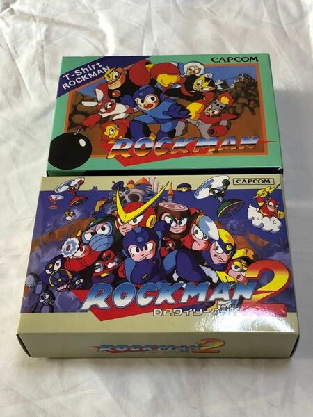 CAPCOM カプコン　ROCKMAN ロックマン　パッケージTシャツ　全2種セット　サイズL プライズ品　1 水色　2赤色