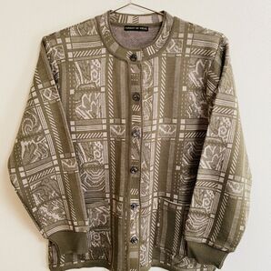 絵画柄 カーディガン ★ウール混 カーキ ベージュ ★ 新品