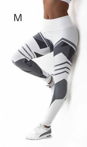 L1092 lady's sexy leggings [ white M] Contrast slim yoga fitness sports aero bijo silver g pants 