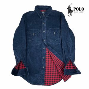 極美品 POLO RALPH LAUREN ポロ ラルフローレン コーデュロイ シャツ サイズS 裏地ブロックチェック柄 濃紺 ネイビー 希少 旧タグ 230012