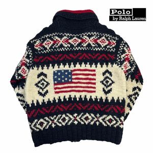 美品 廃盤 Polo By Ralph Lauren ポロ バイ ラルフローレン カウチンニット セーター サイズM 背面星条旗 雪柄 ダイヤ柄 肉厚 希少 230183