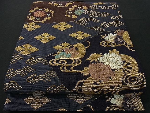 正絹 六通袋帯『西陣織』【錦地箔紋 総刺繍】 No.1018 浴衣/水着 着物