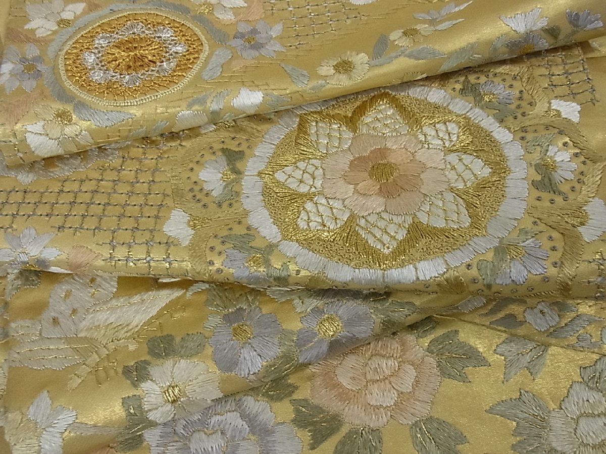 汕頭刺繍 スワトウ 相良刺繍 花鳥の図 錆納戸色 多色 金 袋帯 A776-20