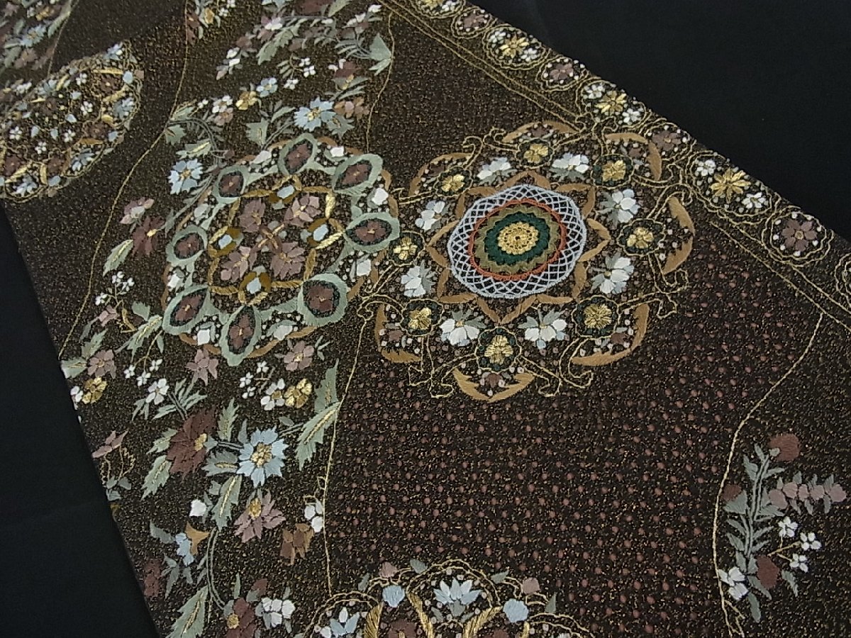 汕頭刺繍 スワトウ 相良刺繍 花鳥の図 錆納戸色 多色 金 袋帯 A776-20