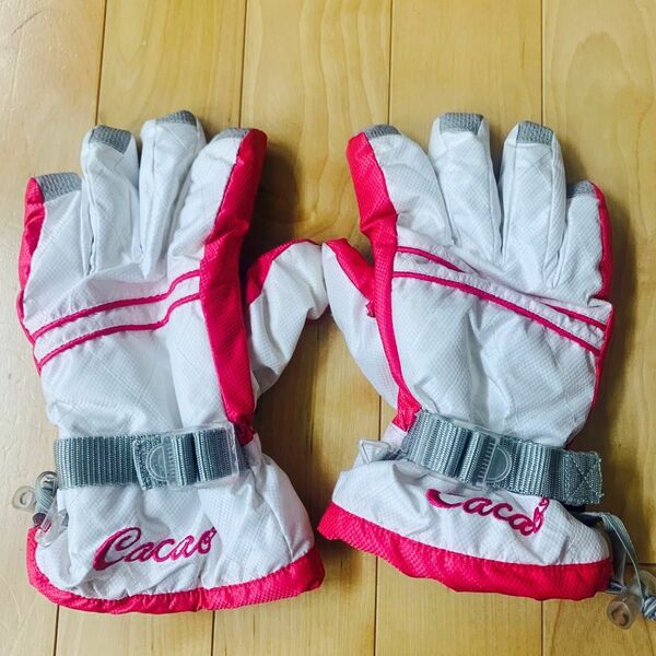スキー手袋 (CACAO) ジュニア、レディース　サイズ　19cm ホワイト/ ピンク