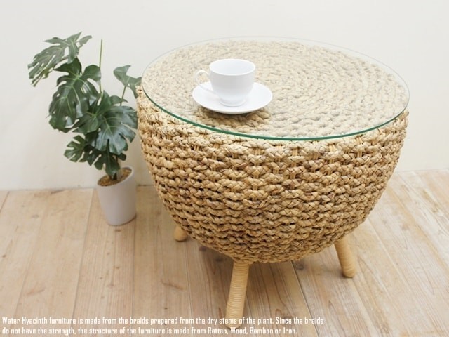 ウォーターヒヤシンス ラウンドテーブル50cm NA ナチュラル ガラストップ 
