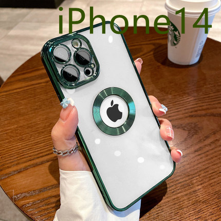 iPhone14 クリアケース レンズカバー付き メッキ加工 シンプル おしゃれ グリーン