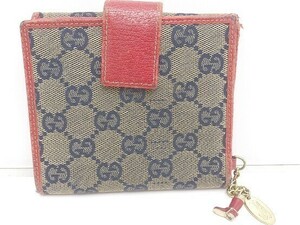 GUCCI グッチ 二つ折り財布 154182 486430 GGキャンバス　ブーツチャーム　Wホック ベージュ　レッド ユニセックス 1203000021849