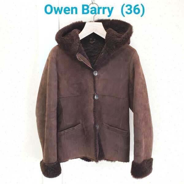 美品◆Owen Barry オーエンバリー シープスキン フード付 ムートンジャケット イギリス製 レディース(36)ブラウン 茶色