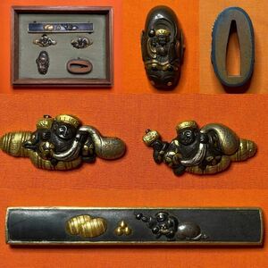 # sword fittings # three place thing large black heaven map { less .} height . overglaze enamels fish . ground copper ground box attaching armor sword . Japanese sword . guard on sword . head eyes . small pattern . armour old fine art gold ...