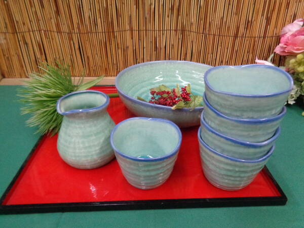 和風陶器 うどん・そば 大鉢&めんつゆ鉢&つゆ入 ブルー 未使用品