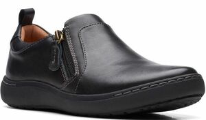 Clarks 24cm フラット ローファー ジッパー スリッポン 軽量 レザー 厚底 ブラック ソフトインソール フォーマル スニーカー RRR67