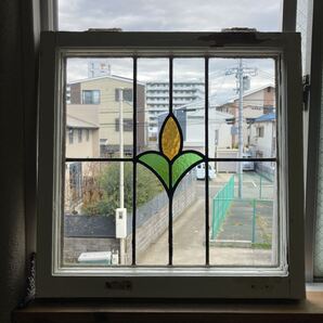 8s-982 アンティークステンドグラス 花草柄/格子柄 1920年代英国製/イギリス製