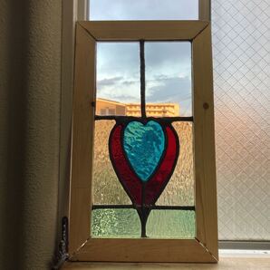 8s-1015 アンティークステンドグラス 吹きガラス/ハート柄/花草柄 1920年代英国製/イギリス製