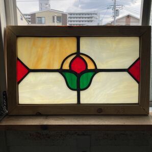 8s-1020 アンティークステンドグラス 吹きガラス/マーブルガラス/花草柄 1920年代英国製/イギリス製