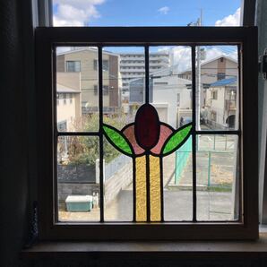 8s-1030 アンティークステンドグラス 花草柄/格子柄 1920年代英国製/イギリス製