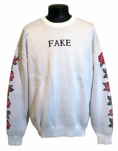 新品 Lサイズ 袖に薔薇パターン 綿100%ニット セーター 332029 白 大きなサイズ オーバーサイズ ビッグサイズ パンク ロック バラ 花柄