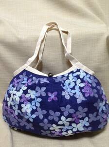 ハンドメイド 花柄手提げバッグ ブルー系 ボタン付き 手提げかばん,鞄,トートバッグ 手作り