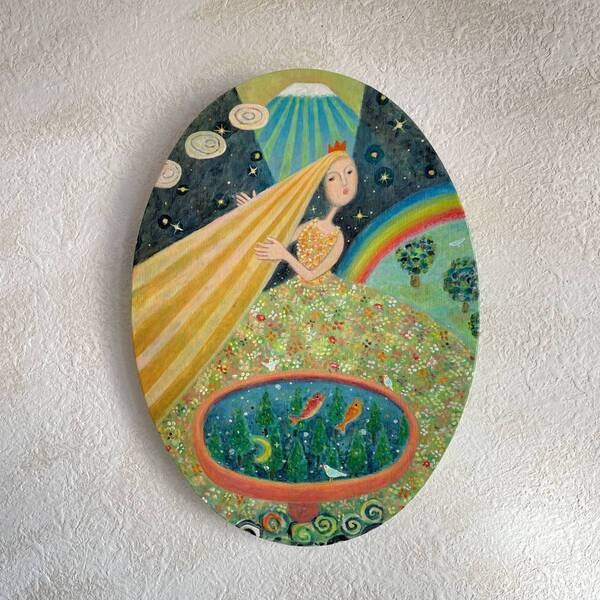 楕円木製パネル*アクリル画『明けの明星』32*24㎝ 送料無料