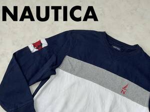 ☆送料無料☆ NAUTICA ノーティカ USA直輸入 古着 裏起毛 ロゴ 星条旗 スウェット トレーナー メンズ M ネイビー トップス 中古 即決