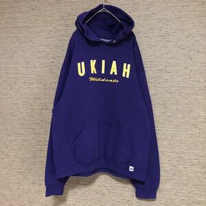 ラッセルアスレチック プルオーバーパーカー　カレッジロゴ　紫　UKIAH88　裏起毛　古着　入手困難　激レア　パープル　イエロー　黄色