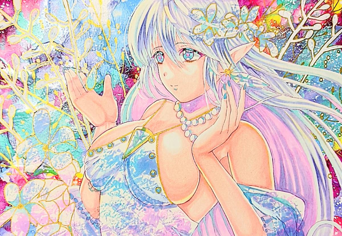 Ilustración dibujada a mano original [Flor y niña elfa] A4 Trabajo de YouTube, historietas, productos de anime, ilustración dibujada a mano