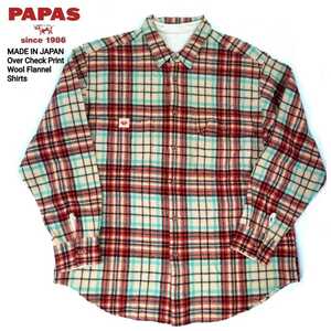 超名作 PAPAS パパス 国内正規品 日本製 最高級オーバーチェックプリントウールフランネルシャツ L 美品