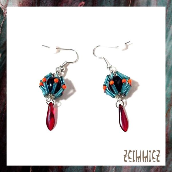 【ピアス】ビーズボール*ブルー×レッド No.37