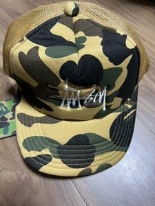 [ new goods unused not yet have on tag attaching ]A BATHING APE STSSY TRUCKER CAP Yellow