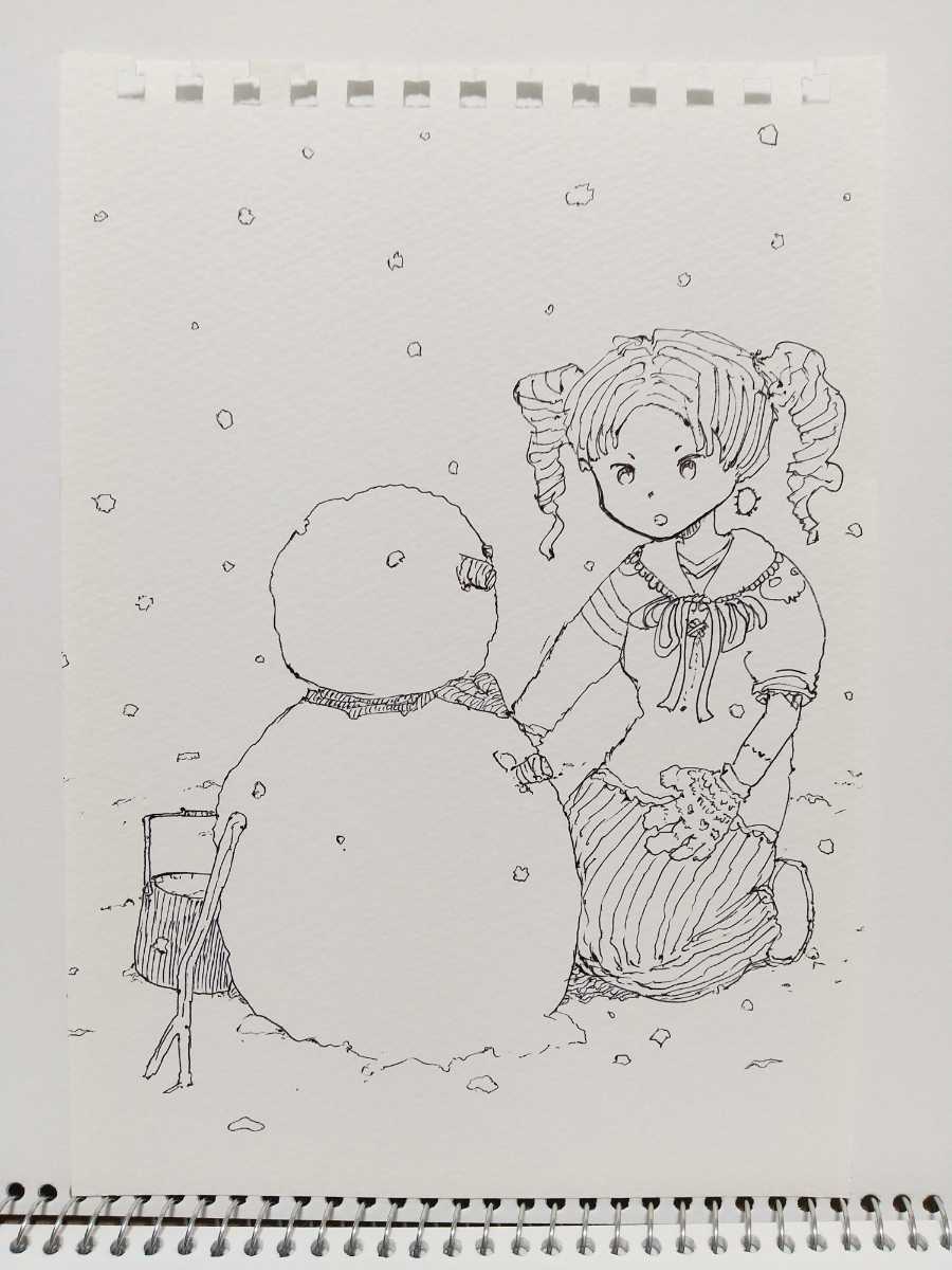 オリジナルイラスト☆手描きイラスト☆雪だるま 女の子☆ハンドメイド 絵 モノクロ アナログ アート 原画 白黒 自作 illustration art, コミック, アニメグッズ, 手描きイラスト