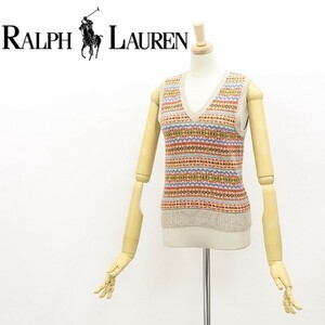 美品 国内正規品◆RALPH LAUREN ラルフ ローレン シルク＆カシミヤ混 総柄 Vネック ウール ニット ベスト XS