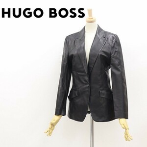 ◆HUGO BOSS ヒューゴボス 裏地総柄 ラムレザー 羊革 1釦 ジャケット 黒 ブラック S