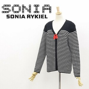  прекрасный товар *SONIA RYKIEL Sonia Rykiel окантовка рисунок V шея хлопок вязаный кардиган чёрный черный × белый 44 большой размер 