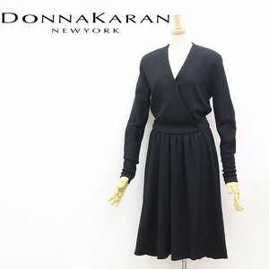 美品◆DONNAKARAN ダナキャラン ウール ギャザー 切替 フレア カシュクール風 ドレス ワンピース 黒 ブラック 6
