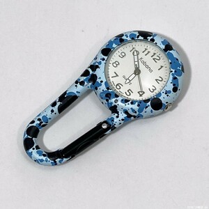 [ unused / postage 180 jpy ] key holder watch kalabina clock camouflage pattern blue outdoor camp made in Japan Movement No.30128-2