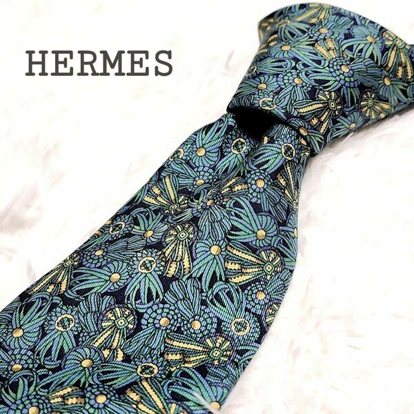 HERMES エルメス 総柄 ネクタイ ボタニカル グリーン 緑 ハイブランド 7170FA フランス製　シルク100％