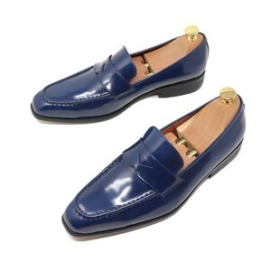 23.5cm men's hand made original leather square tu Italian Loafer slip-on shoes ma Kei shoes business casual navy 5006