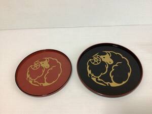 C387 new goods unused O-Bon circle tray tray large * small 2 pieces set .... pattern red black red black gold .