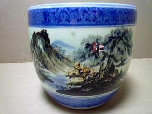 《金正堂》　色山水画26.5センチ丸陶器手あぶり火鉢　茶道具
