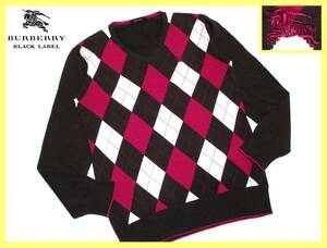 大人気サイズ L(3) 美品 バーバリーブラックレーベル パープルホース刺繍 ブリティッシュアーガイル柄 Vネック ニットセーター