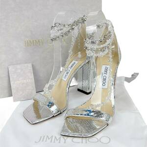 現行18万☆美品☆極希少 Jimmy Choo ジミーチュウ 38/25cm Neena100 アンクル ハイヒール サンダル ガラス ブーズ ビジュー パール 宝石