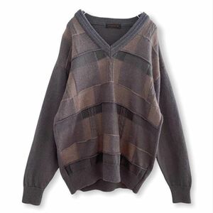 古着 vintage 立体編み 3D ツギハギ Vネック ウール 毛 100% ニット セーター アースカラー ブラウン