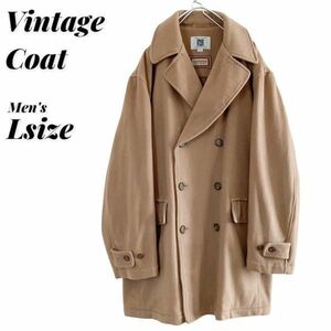  old clothes Vintage cashmere wool Italy cloth double button Chesterfield coat long coat outer ITALY beige L